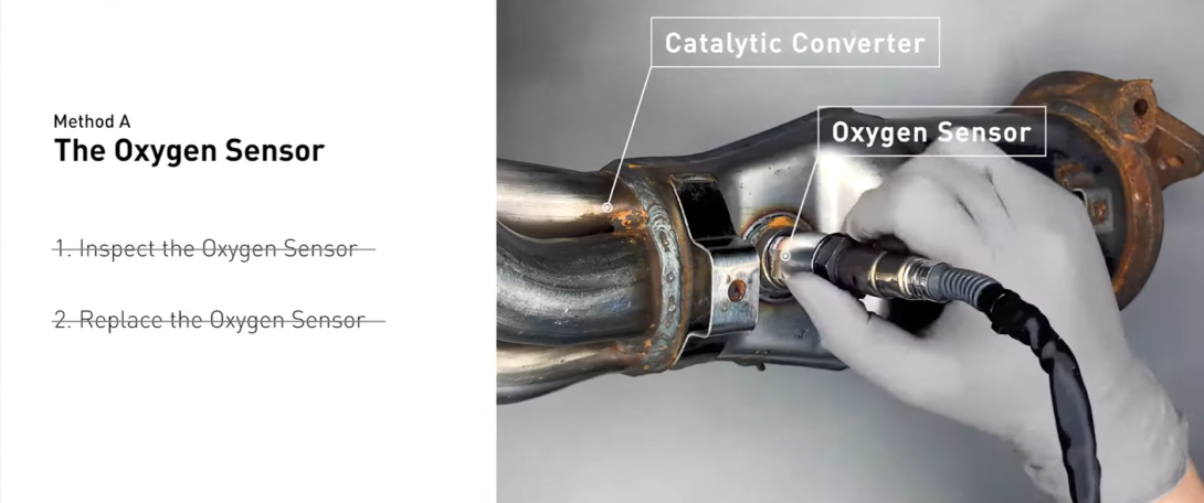 man replacing the oxygen sensor and words method a - the oxygen sensor on the left side